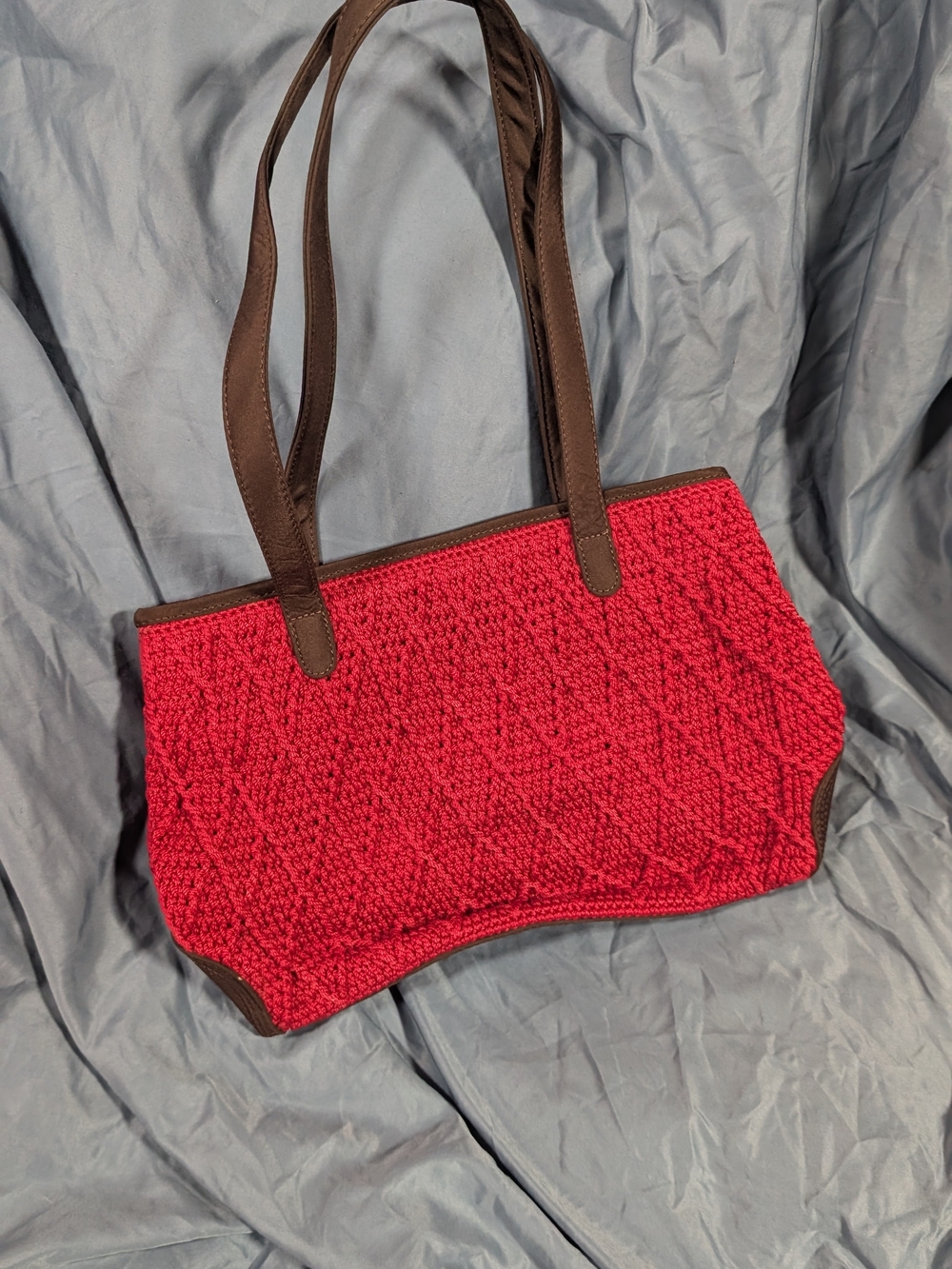 Red Knit Tote Bag with Brown Trim - Women